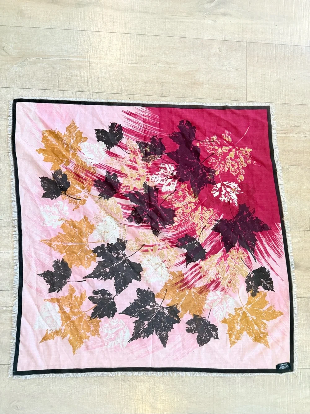 VTG Leaf Print large Square wool scarf 30.5 x 30.5 Pink Burgundy brown mustard